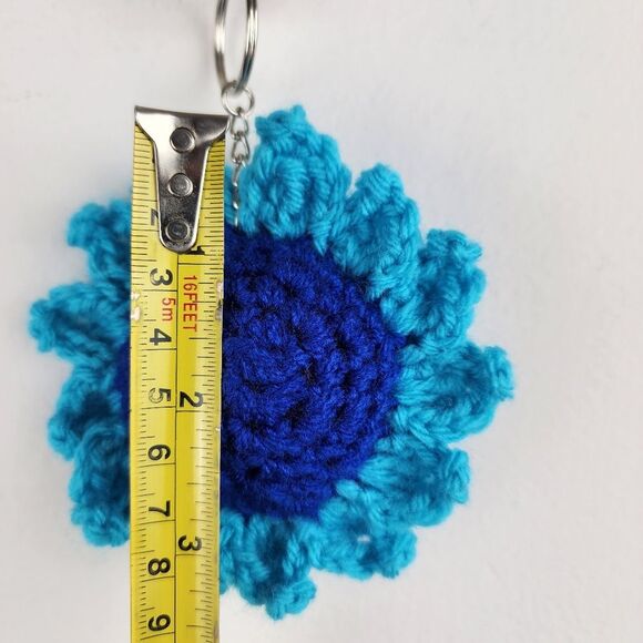 New Crochet Blue Light Blue Flower Keychain Handmade Handcrafted - Picture 3 of 5
